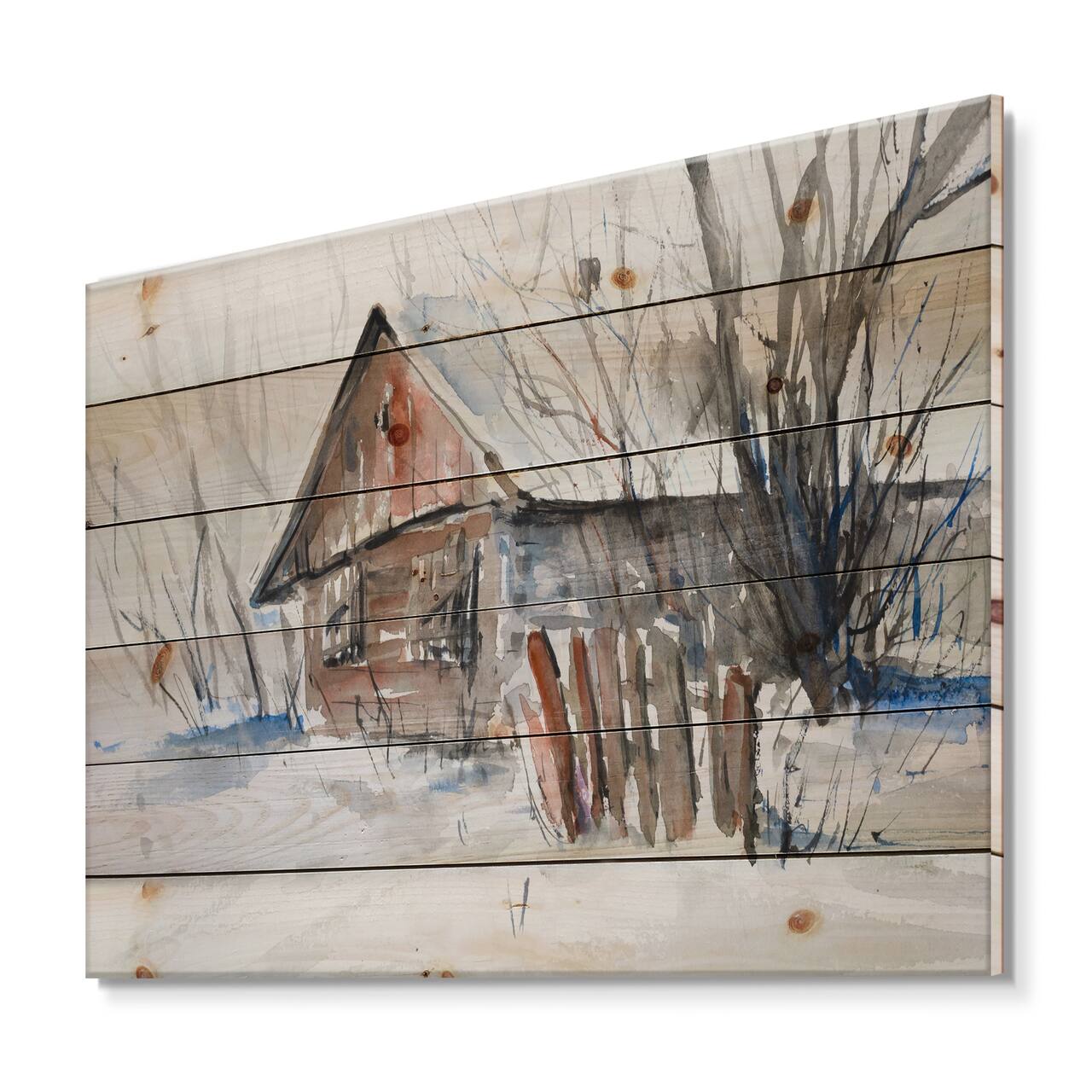 Designart - Old Abandoned Wooden House In Winter Picture - Traditional Print on Natural Pine Wood